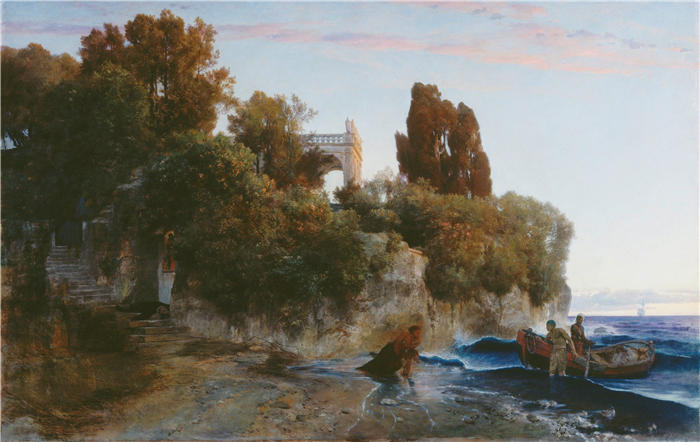 阿诺德·伯克林（瑞士画家 ，Arnold Böcklin）高清作品-《海边城堡和城堡花园里的谋杀案（1859 年）》