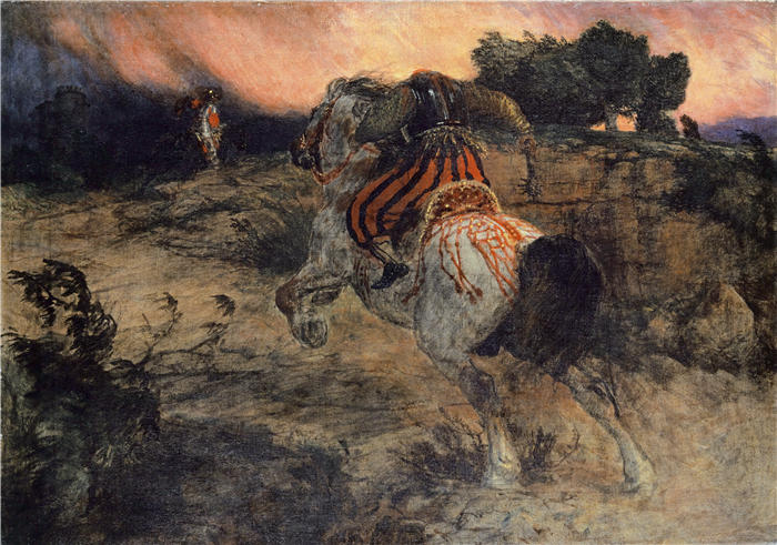 阿诺德·伯克林（瑞士画家 ，Arnold Böcklin）高清作品-《阿斯托夫骑着奥里尔的头离开（1873 年）》