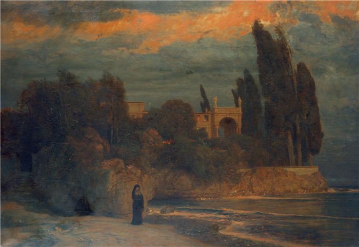 阿诺德·伯克林（瑞士画家 ，Arnold Böcklin）高清作品-《海边别墅 (1871 – 1874)》