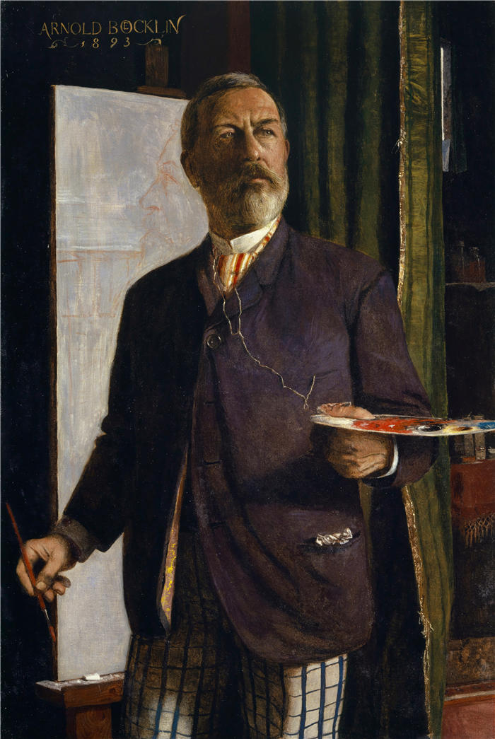 阿诺德·伯克林（瑞士画家 ，Arnold Böcklin）高清作品-《工作室中的自画像（1893 年）》