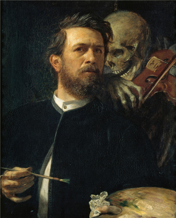 阿诺德·伯克林（瑞士画家 ，Arnold Böcklin）高清作品-《摆弄死亡的自画像（1872）》