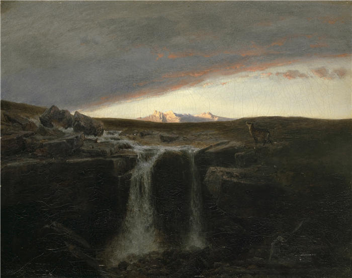 阿诺德·伯克林（瑞士画家 ，Arnold Böcklin）高清作品-《带瀑布的山景（1849 年）》