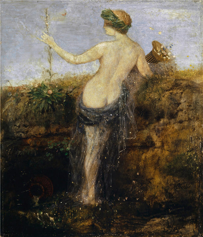 阿诺德·伯克林（瑞士画家 ，Arnold Böcklin）高清作品-《带有丰足号角的宁芙（1866 年）》