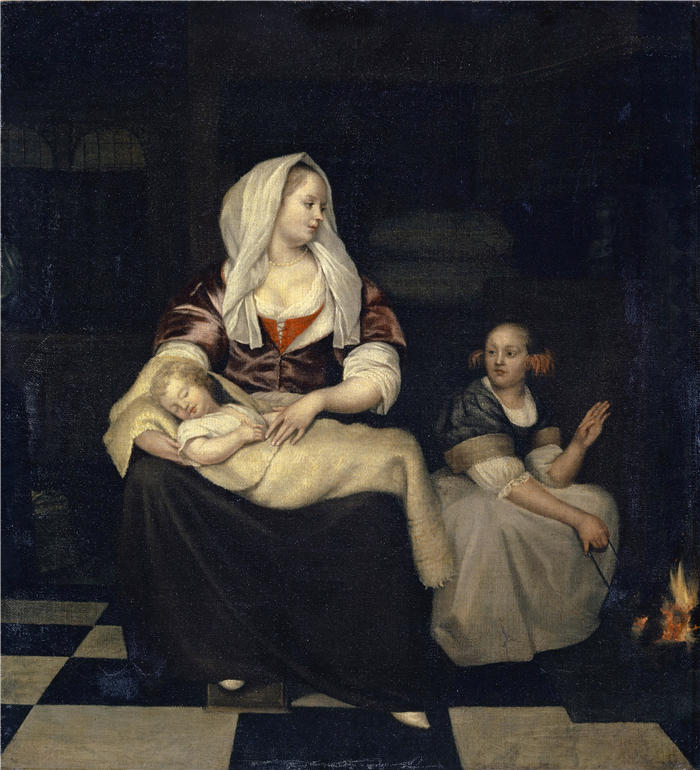 雅各布·奥克特维尔特（Jacob Ochtervelt，荷兰画家）高清作品-《一个母亲带着她的孩子和一个女仆》