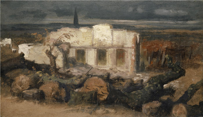 阿诺德·伯克林（瑞士画家 ，Arnold Böcklin）高清作品-《凯尔附近被毁的房屋（1870 年）》