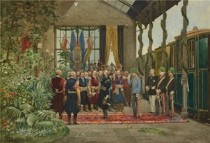 安东尼·科扎凯维奇（Antoni Kozakiewicz，波兰画家）高清作品-《皇帝在利沃夫火车站受到欢迎（1881 年）》