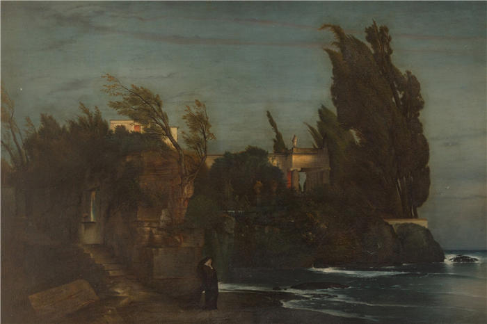 阿诺德·伯克林（瑞士画家 ，Arnold Böcklin）高清作品-《海边的菲耶索莱别墅（1865 年）》