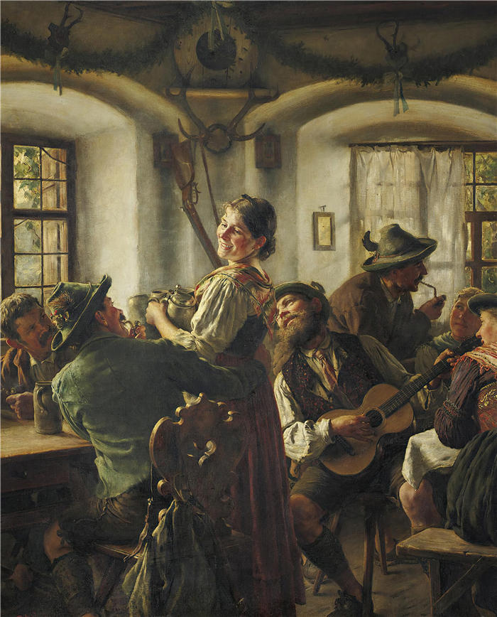 埃米尔·劳（Emil Rau，德国画家）高清作品-《巴伐利亚酒馆内 (1891)》