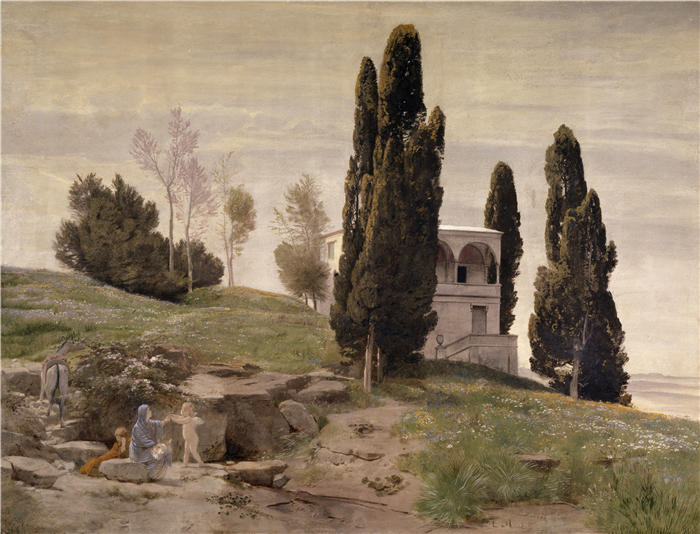 阿诺德·伯克林（瑞士画家 ，Arnold Böcklin）高清作品-《在飞往埃及的航班上休息（1868 年）》