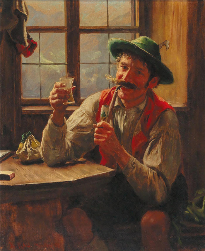 埃米尔·劳（Emil Rau，德国画家）高清作品-《有管子的年轻农夫》