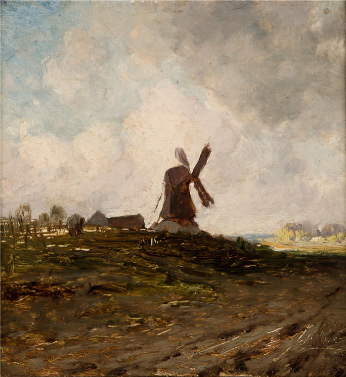 安东尼·科扎凯维奇（Antoni Kozakiewicz，波兰画家）高清作品-《风车景观（1880 年）》