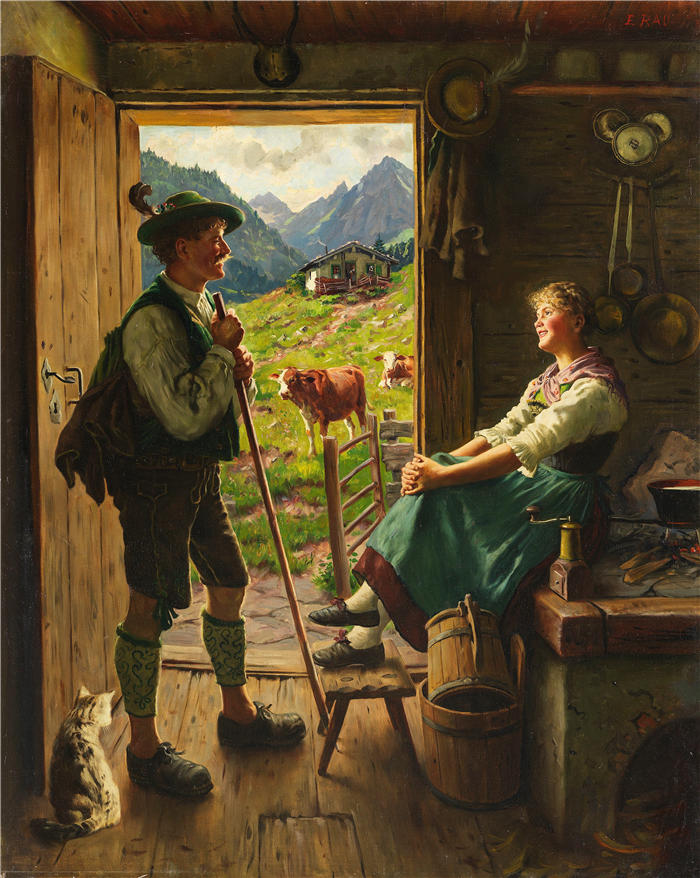 埃米尔·劳（Emil Rau，德国画家）高清作品-《阿尔卑斯牧场之旅（1880）》