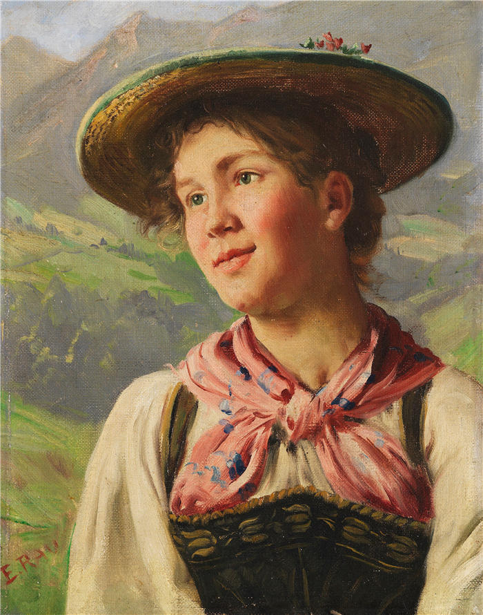 埃米尔·劳（Emil Rau，德国画家）高清作品-《穿着阿尔卑斯山服装的女孩（约1880-1890年）》