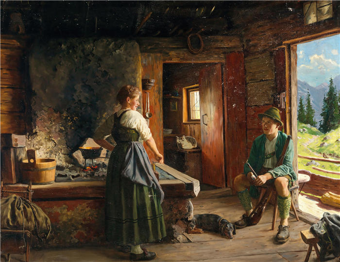 埃米尔·劳（Emil Rau，德国画家）高清作品-《一个猎人在高山小屋里休息》