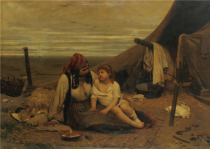 安东尼·科扎凯维奇（Antoni Kozakiewicz，波兰画家）高清作品-《一个吉普赛家庭》