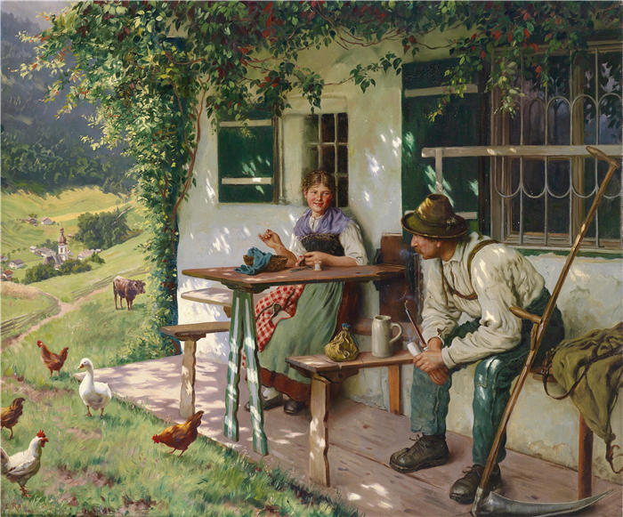埃米尔·劳（Emil Rau，德国画家）高清作品-《农舍前的一对年轻夫妇》