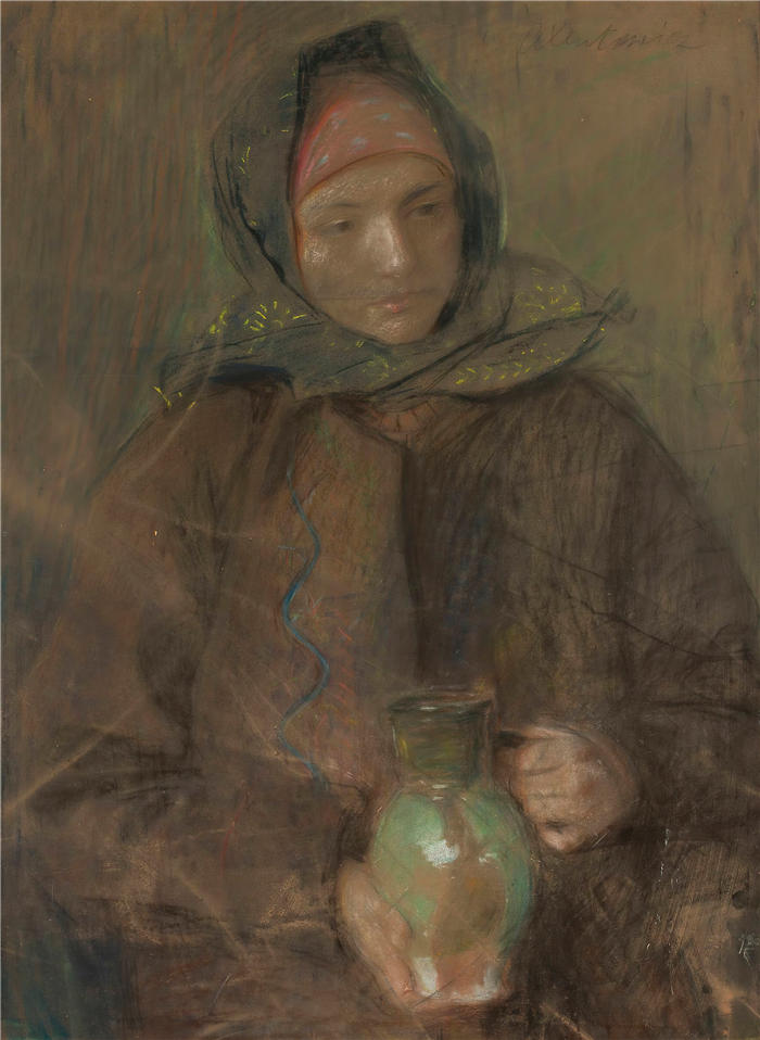 特奥多尔·阿克森托维奇（Teodor Axentowicz，波兰画家）高清作品-《提着罐子的胡楚女人（1914 年之前）》