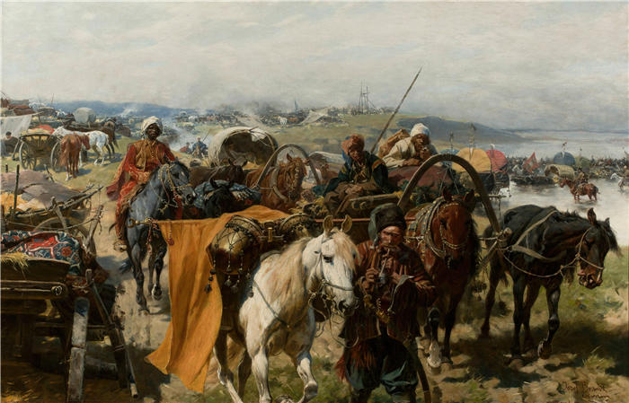 约瑟夫·勃兰特（Józef Brandt，波兰画家）高清作品-《扎波罗热营地（约 1880 年）》