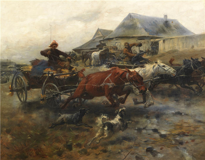 约瑟夫·勃兰特（Józef Brandt，波兰画家）高清作品-《狩猎车（从市场返回）（约1905年）》
