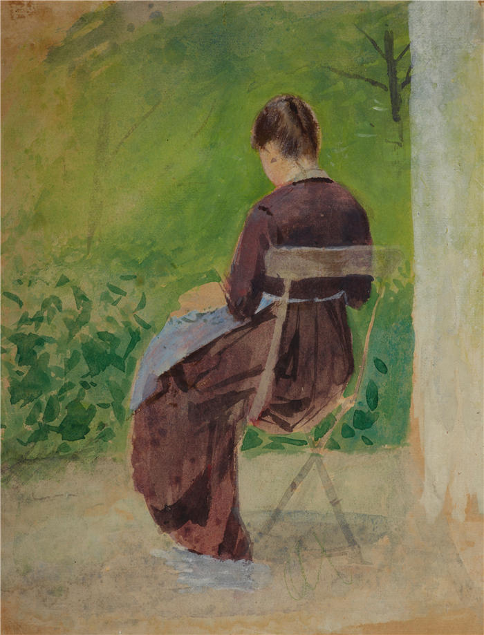 特奥多尔·阿克森托维奇（Teodor Axentowicz，波兰画家）高清作品-《一个坐在花园里的女人（1885 年）》