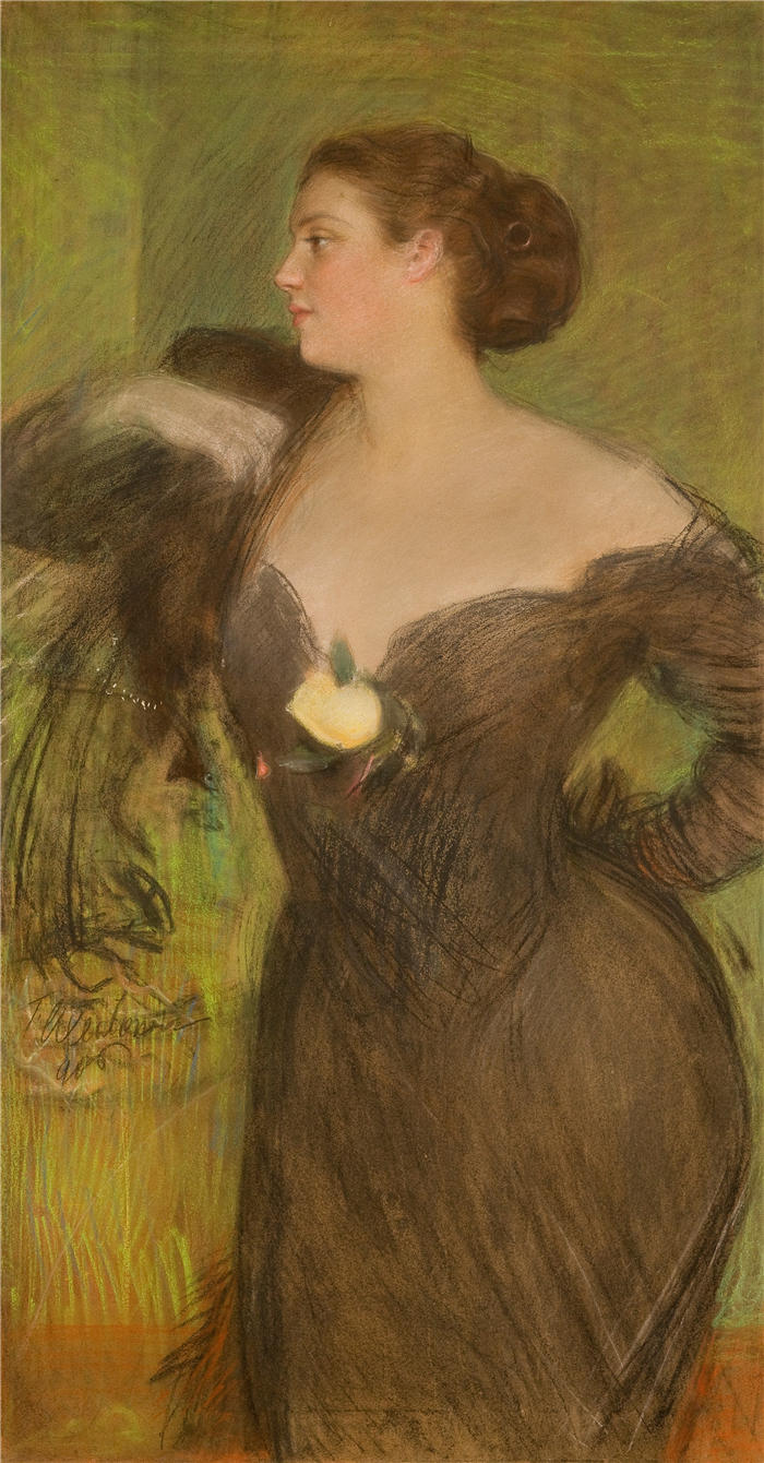 特奥多尔·阿克森托维奇（Teodor Axentowicz，波兰画家）高清作品-《穿着舞会礼服的女子肖像（1906年）》