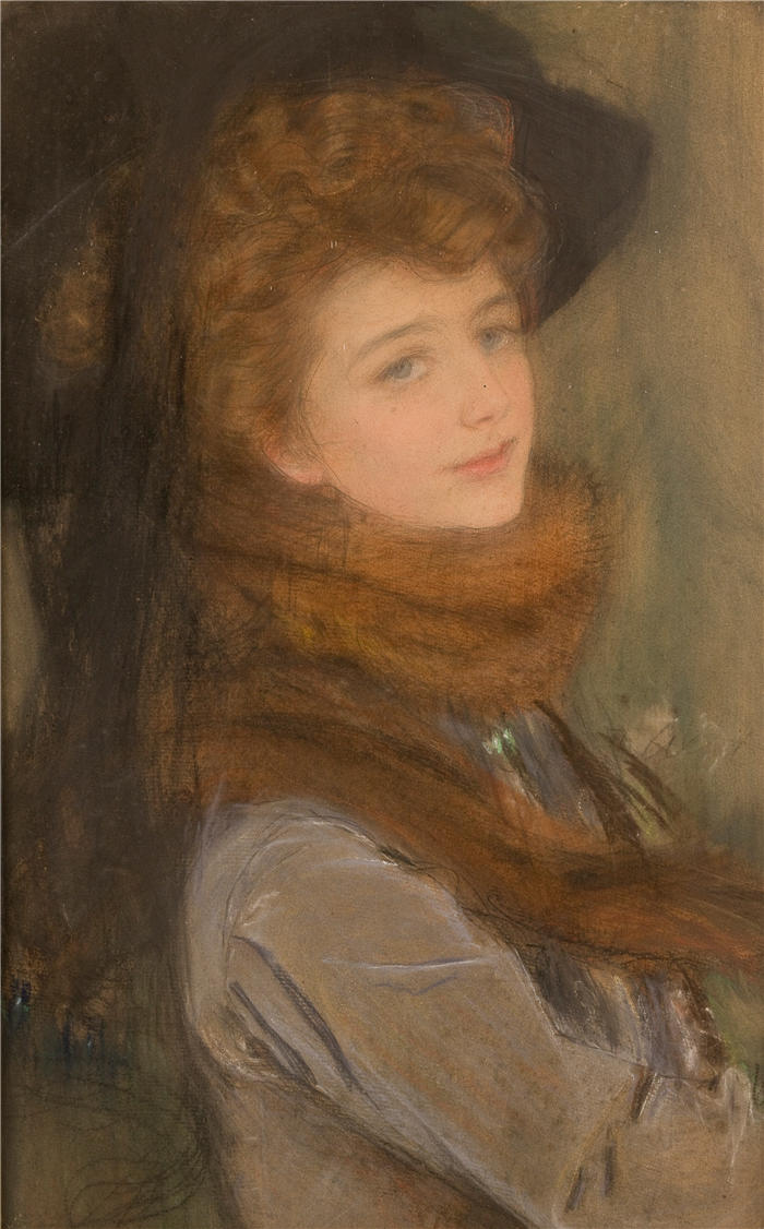 特奥多尔·阿克森托维奇（Teodor Axentowicz，波兰画家）高清作品-《戴狐皮领子的女人肖像（约 1906 年）》