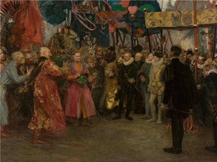 特奥多尔·阿克森托维奇（Teodor Axentowicz，波兰画家）高清作品-《瓦卢瓦的亨利之前的波兰特使（1910 年）》