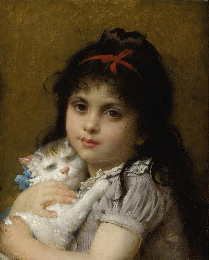 莱昂-让-巴西勒·佩罗(Léon-Jean-Basile Perrault,法国画家)高清作品-《带着小猫的女孩》