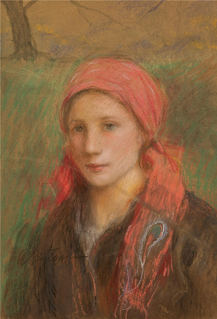 特奥多尔·阿克森托维奇（Teodor Axentowicz，波兰画家）高清作品-《农村女孩肖像（1936）》