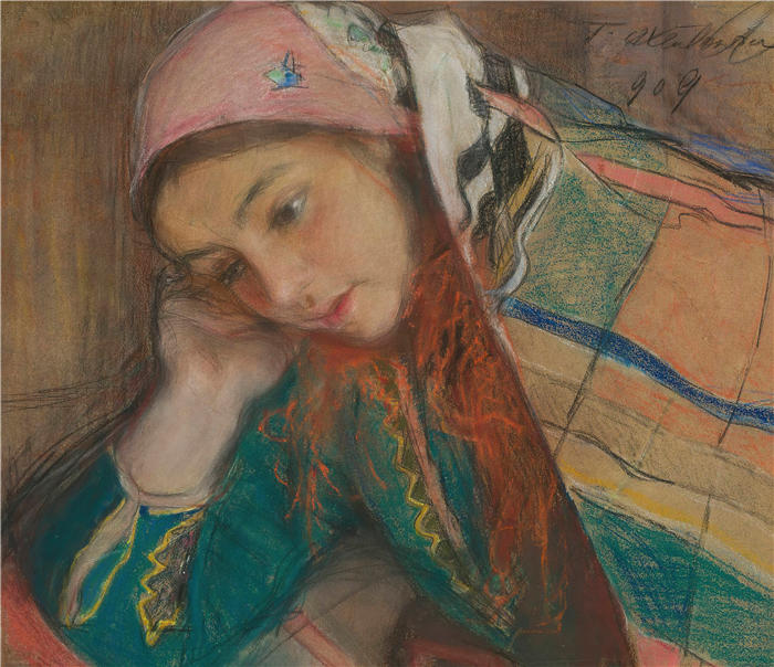 特奥多尔·阿克森托维奇（Teodor Axentowicz，波兰画家）高清作品-《一个穿着克拉科夫服装的女孩的肖像（1909 年）》