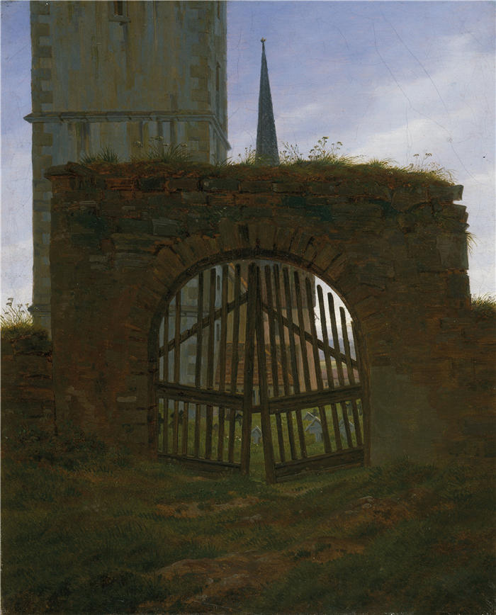 卡斯珀·大卫·弗里德里希(Caspar David Friedrich,德国画家)高清作品–《公墓门(墓地)(1825 年至 1830 年间)》