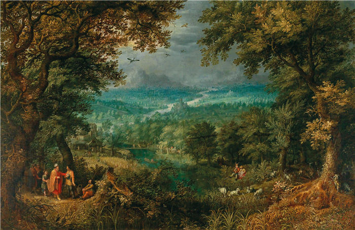 大卫·文克布恩斯（David Vinckboons，荷兰画家）高清作品-《广阔的树木繁茂的景观与圣经的工作人员》