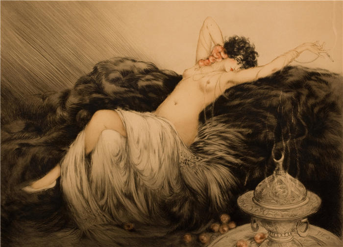 路易斯·伊卡特（ Louis Icart，法国画家）高清下载-《黑色皮毛裸体》