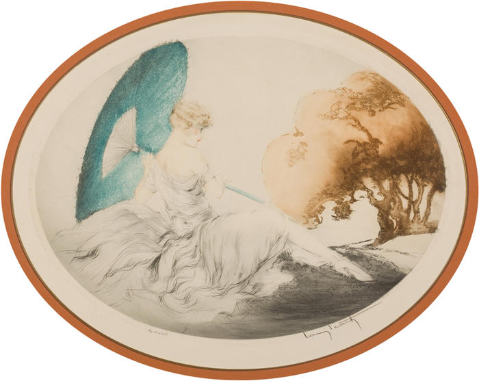 路易斯·伊卡特（ Louis Icart，法国画家）高清下载-《斜倚着阳伞的女人》