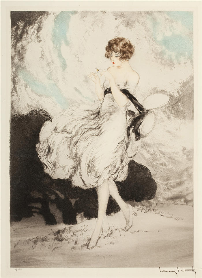 路易斯·伊卡特（ Louis Icart，法国画家）高清下载-《戴雏菊的女士》