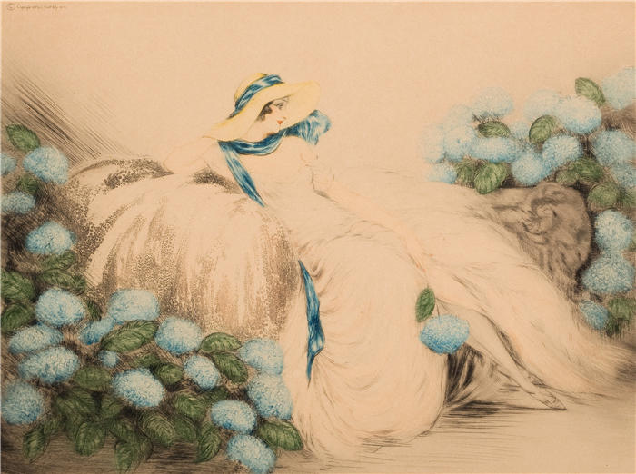 路易斯·伊卡特（ Louis Icart，法国画家）高清下载-《蓝花女郎 (1935)》