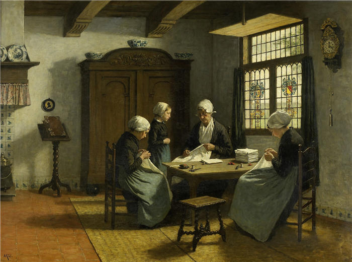 大卫·阿道夫·康斯坦茨（David Adolph Constant Artz，荷兰画家）高清作品-《在 Katwijk-Binnen 的孤儿院（c. 1870 - c. 1890）》
