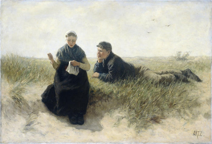 大卫·阿道夫·康斯坦茨（David Adolph Constant Artz，荷兰画家）高清作品-《沙丘中的男孩和女孩 (1870 - 1890)》