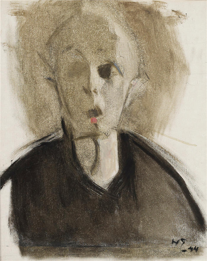 海伦·施杰夫贝克（Helene Schjerfbeck，芬兰画家）高清作品-《红点自画像 (1944)》