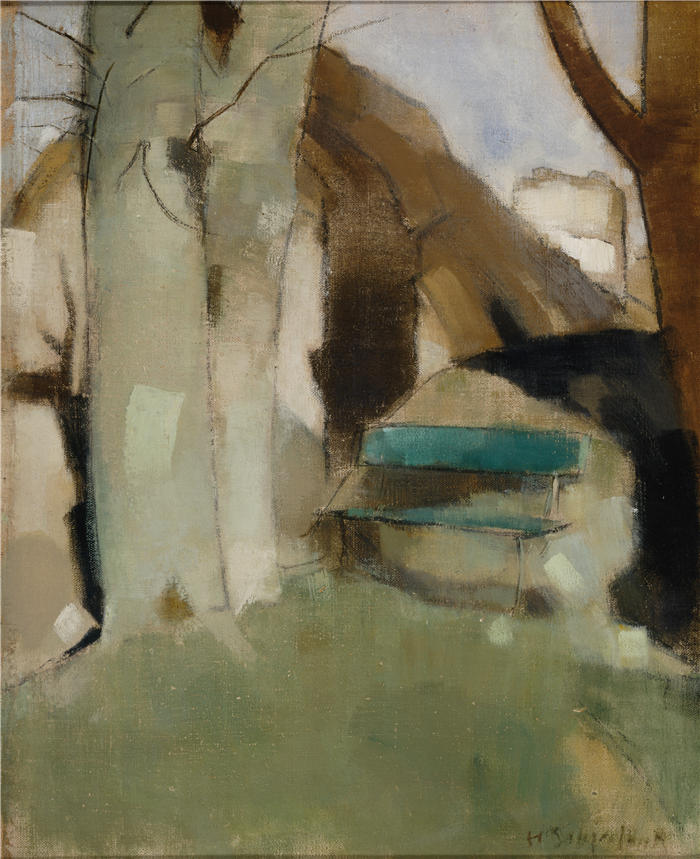 海伦·施杰夫贝克(Helene Schjerfbeck,芬兰画家)高清作品-《墙上的影子 II(绿色长凳)(1928 年)》