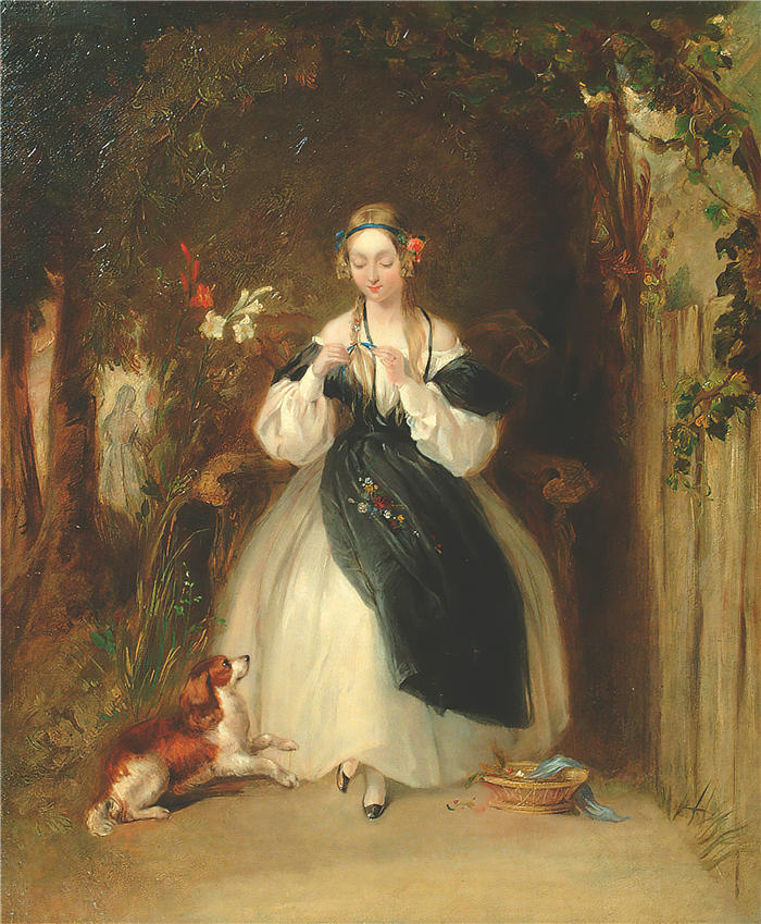 威廉·鲍威尔·弗里斯 (William Powell Frith,英国画家) 高清作品-《一个年轻的女人在编她的头发》