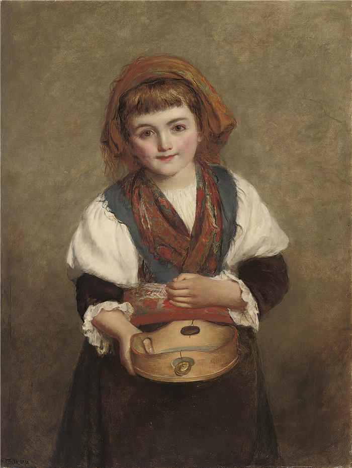 威廉·鲍威尔·弗里斯 (William Powell Frith，英国画家) 高清作品-《e'er 请求施舍的最可爱的小乞丐 (1891)》