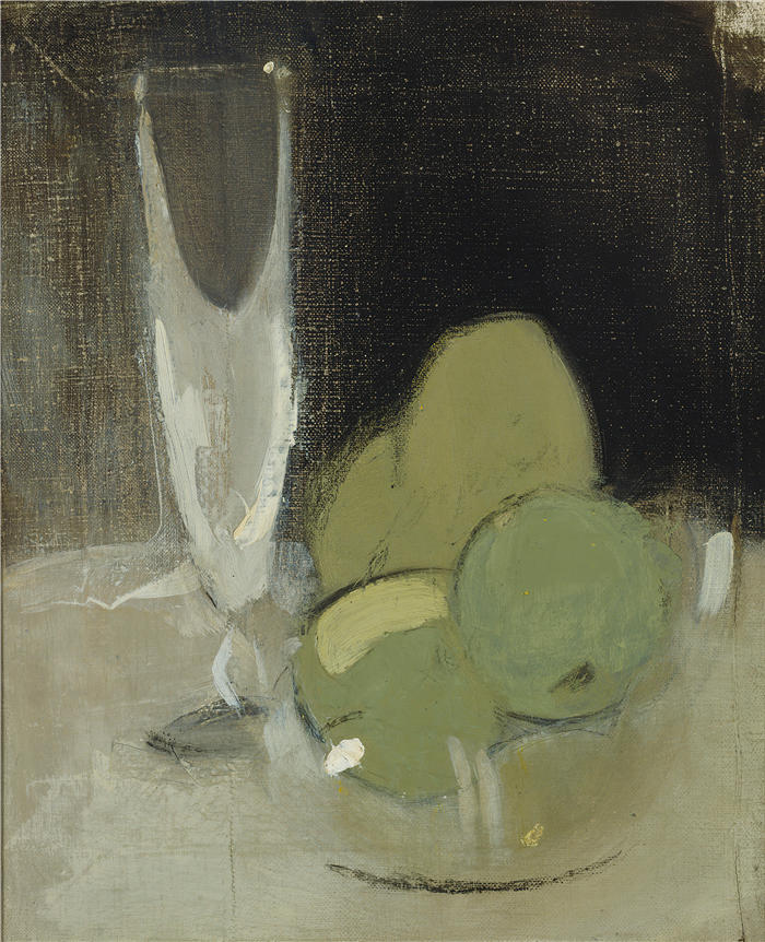 海伦·施杰夫贝克（Helene Schjerfbeck，芬兰画家）高清作品-《青苹果和香槟杯 (1934)》