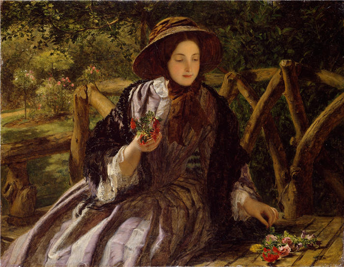威廉·鲍威尔·弗里斯 (William Powell Frith,英国画家) 高清作品-《园林花卉(作诗)(1855-1856)》