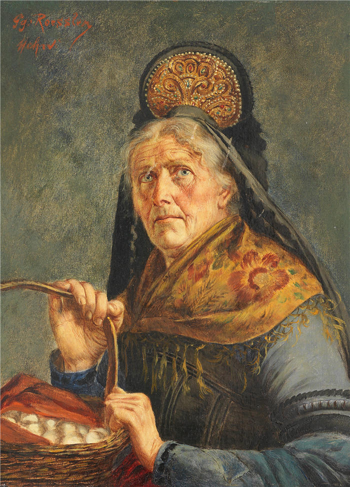 格奥尔格·罗斯勒（Georg Rössler，德国画家）高清作品-《穿着节日服装的农妇提着篮子（1900 年）》