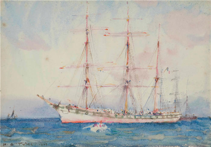 亨利·斯科特·图克（Henry Scott Tuke，英国画家）高清作品-《法国 Windjammer At Anchor 签名模糊（1900 年）》
