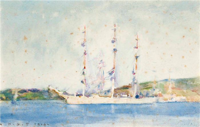 亨利·斯科特·图克（Henry Scott Tuke，英国画家）高清作品-《锚上的风帆船 (1904)》