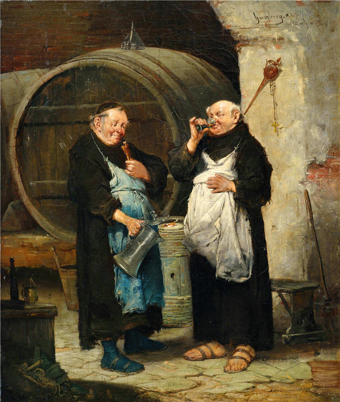 阿道夫·洪堡（Adolf Humborg，奥地利画家）高清作品-《酒窖里的两个僧侣（1876）》