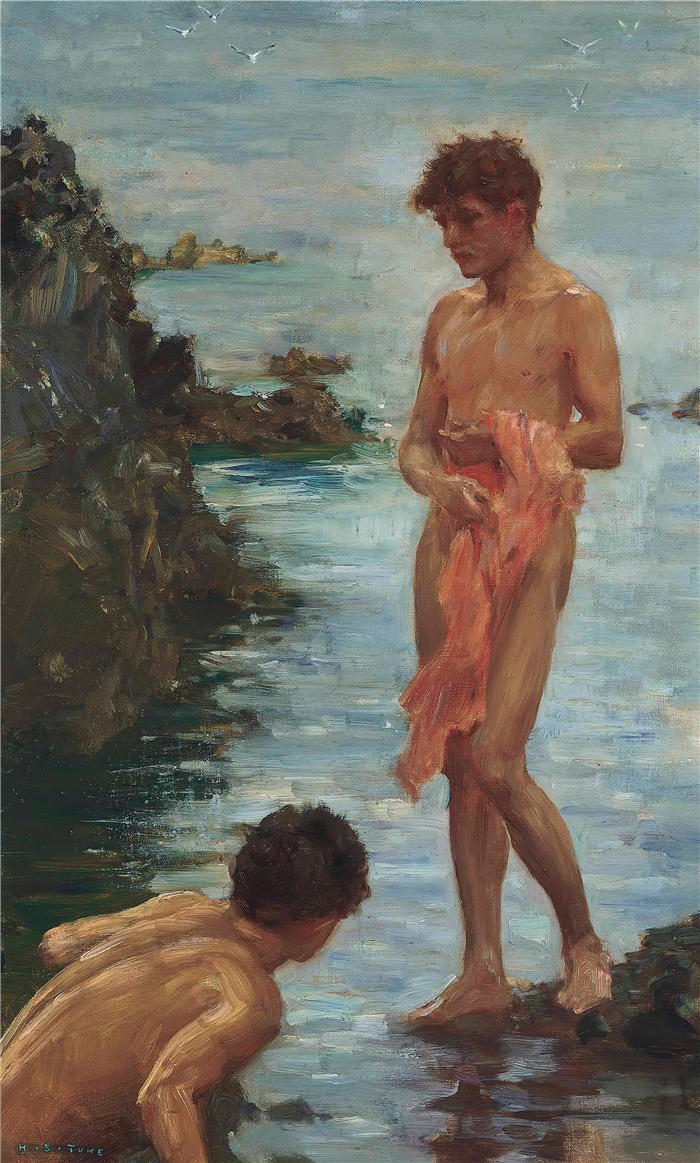 亨利·斯科特·图克（Henry Scott Tuke，英国画家）高清作品-《A Bathing Group 的变体》