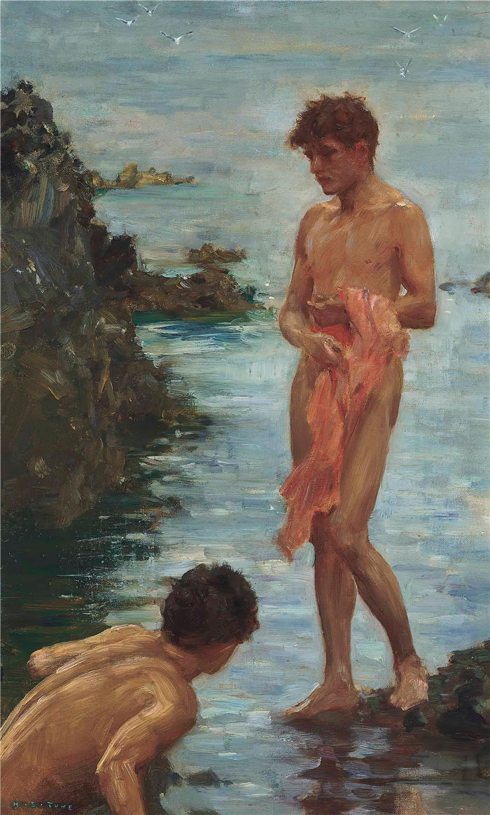 亨利·斯科特·图克(Henry Scott Tuke,英国画家)高清作品-《A Bathing Group 的变体》